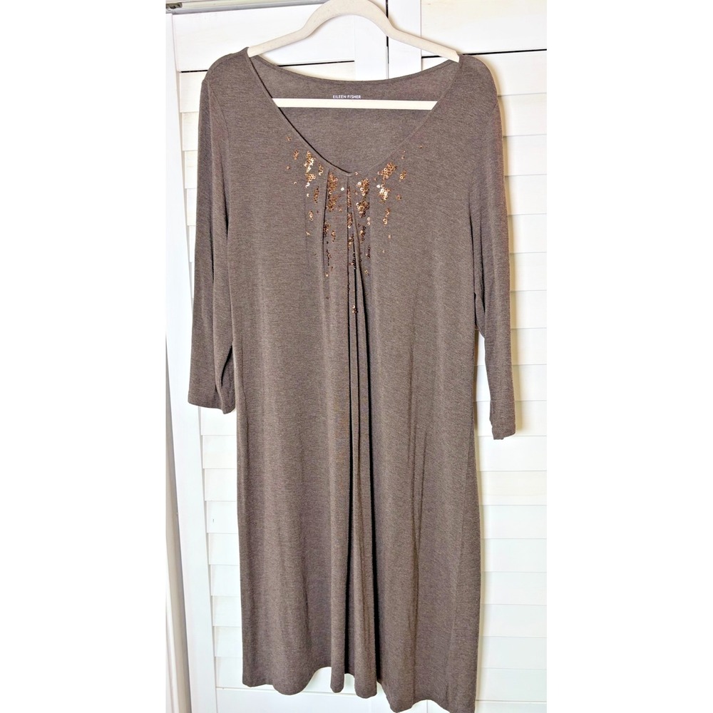 Eileen Fisher Beaded Scoop Neck Dress Heathered Brown Earth Knit Viscose | Large